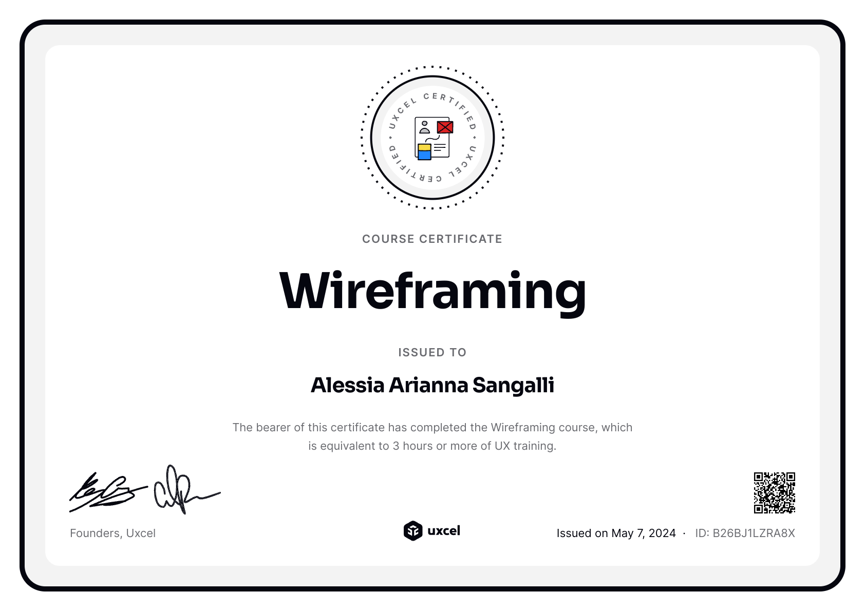 Alessia Arianna Sangalli's certificate